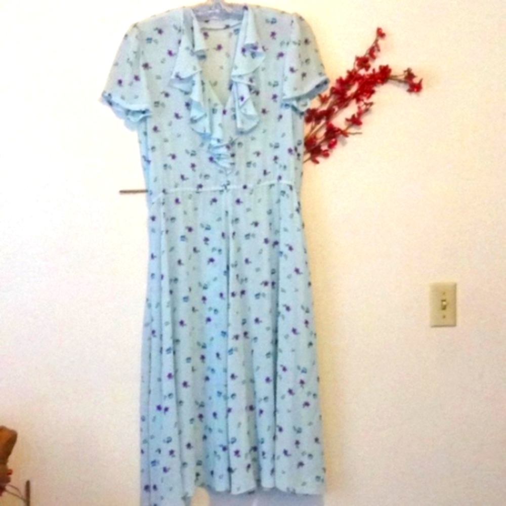 Vintage Blue Floral Ruffle Dress, Blousant Dress, Purple Flowers